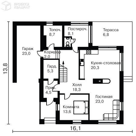 Проект o-354-1k 1-й этаж